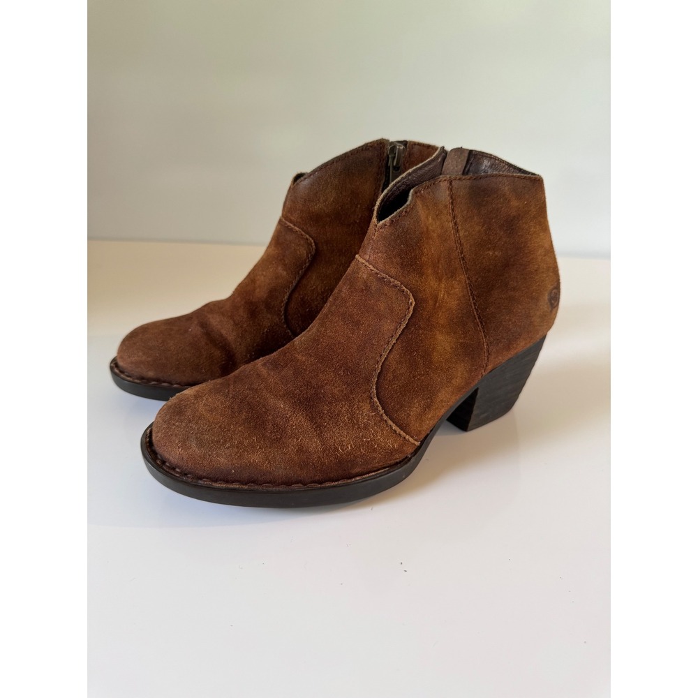 Born Womens Brown Suede Ankle Boots Distressed Western Block Heel Booties Size 6